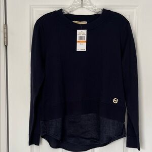 NWT Michael Kors Navy Blue Layered-Hem Sweater with Gold Logo